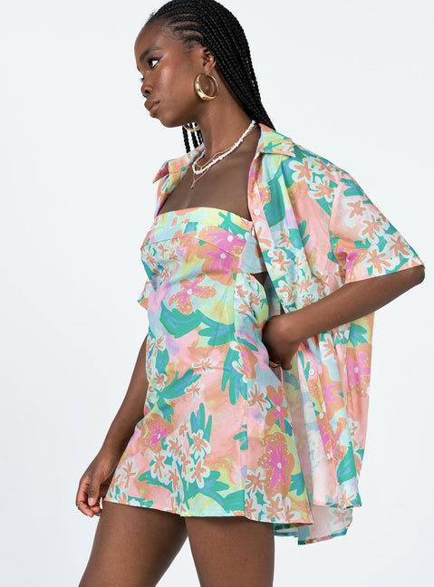 Matching set Floral print Short sleeve shirt Classic collar Button fastening at front Strapless mini dress Inner silicone strip Elasticated band at back Invisible zip fastening at side