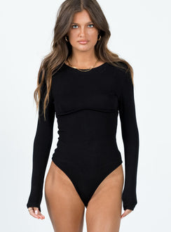 front view of model wearing Princess Polly Swenson Long Sleeve Bodysuit Black Full Sleeves Scoop Neck 