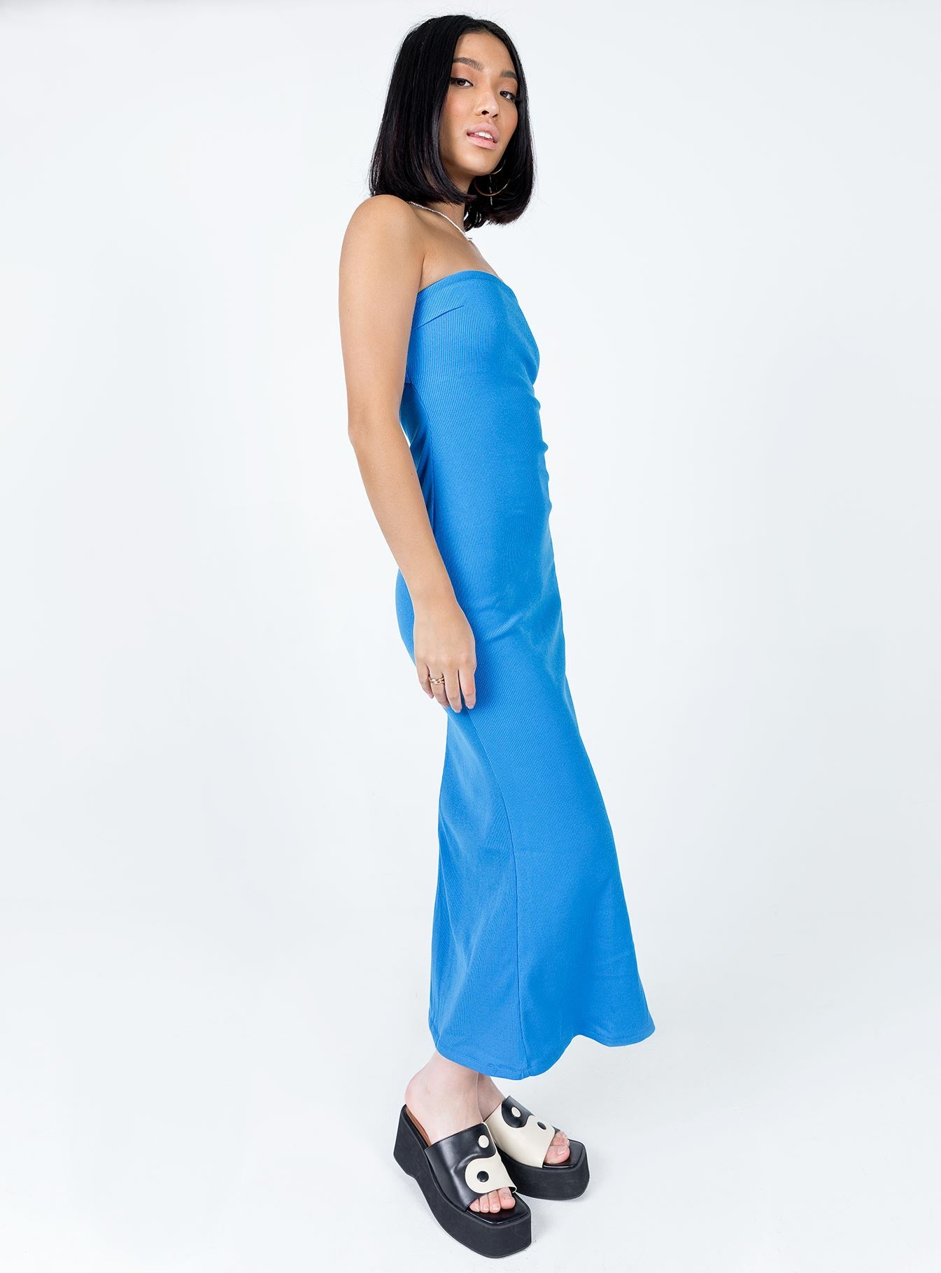 side view of model wearing Princess Polly Carter Maxi Dress Blue 