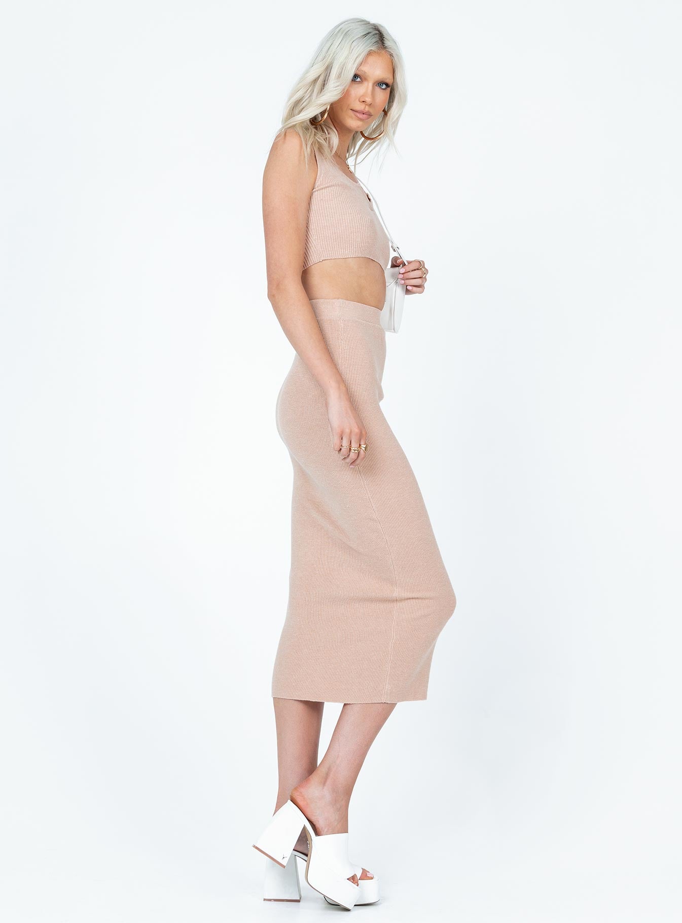 Matching set Soft knit material  Crop top  High waisted midi skirt  Elasticated waistband  Raw cut hem