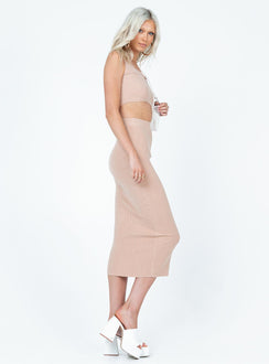 Matching set Soft knit material  Crop top  High waisted midi skirt  Elasticated waistband  Raw cut hem