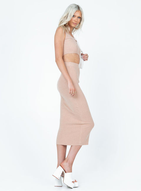 Matching set Soft knit material  Crop top  High waisted midi skirt  Elasticated waistband  Raw cut hem