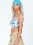 side view of model wearing Princess Polly Cardinia Top Blue Floral Sleeveless Sweetheart 