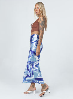   side view of model wearing Princess Polly Medika Midi Skirt Blue 