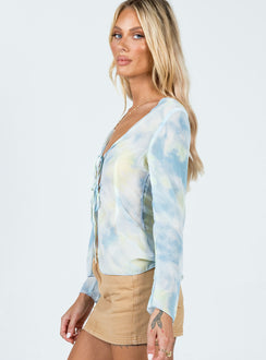 side view of model wearing Princess Polly Chosen Long Sleeve Top Blue 