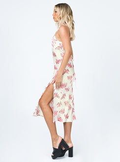 side view of model wearing Princess Polly Gigi Midi Dress Cream / Pink Floral 