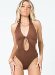 front view of model wearing Princess Polly Kylan Bodysuit Brown Sleeveless Plunger 