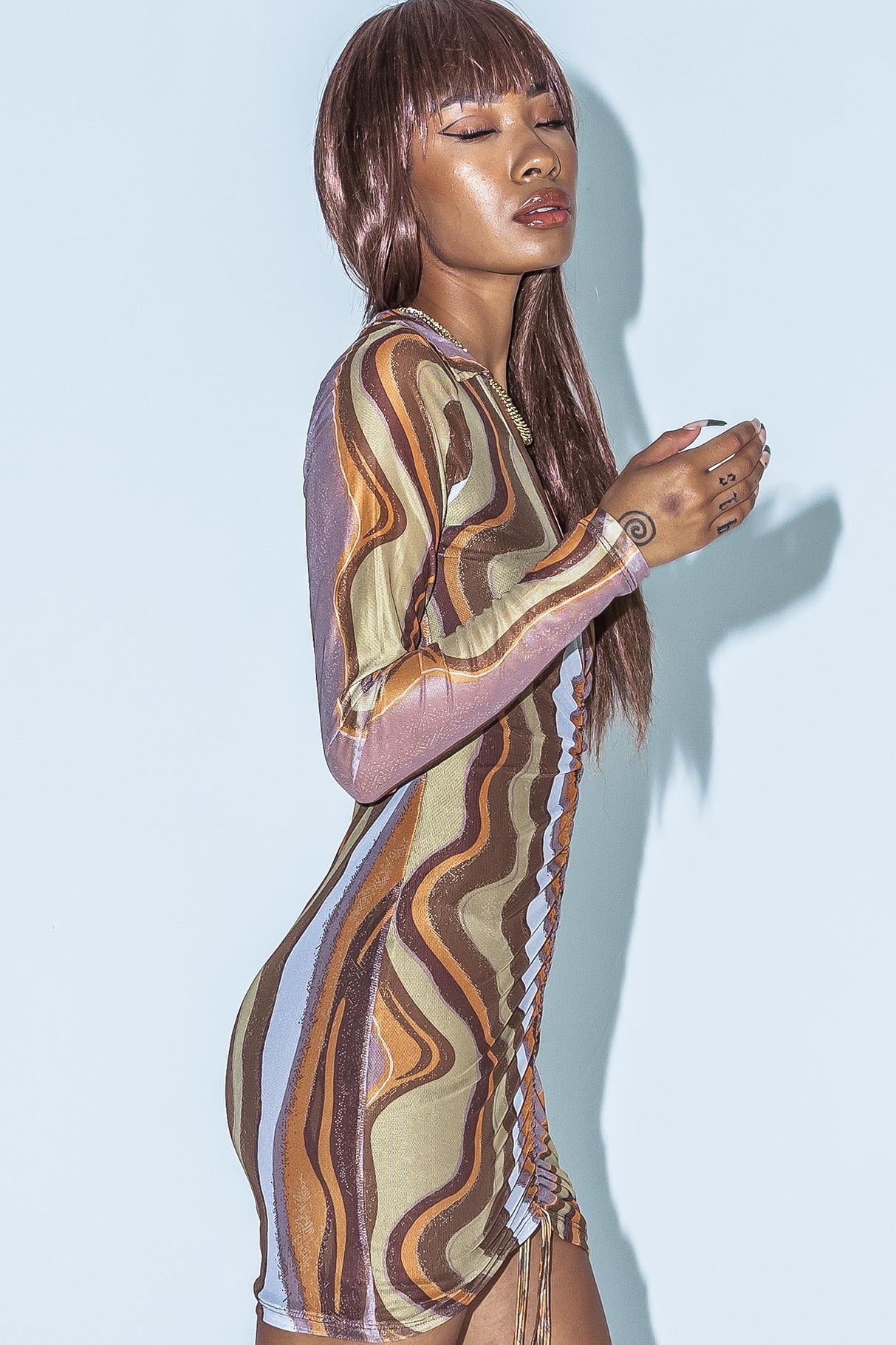 side view of model wearing Princess Polly Motel Aviva Dress Earthy Gradient Brown 