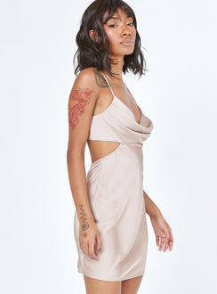 side view of model wearing Princess Polly Jemma Mini Dress Champagne 