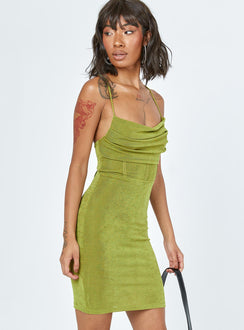 side view of model wearing Princess Polly Aaliyah Mini Dress Green 