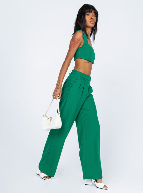 Matching set Crop top Fixed straps Invisible zip fasting at side High waisted pants Wide relaxed leg Belt loops at waist Zip & button fastening Lined top