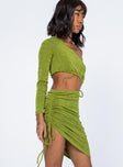 side view of model wearing Princess Polly Imelda Long Sleeve Mini Dress Green 