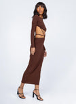 side view of model wearing Princess Polly Kari Midi Dress Brown 