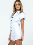 White romper Denim material Button front fastening Multiple pockets Belt loops at waist Short capped sleeves