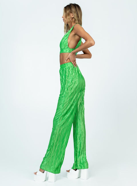 Green matching set Silky material  Pleated detail  Crop top  Plunging neckline  High waisted pants  Elasticated waistband  Wide leg 