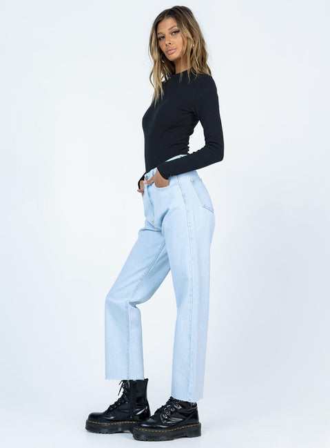 side view of model wearing Princess Polly Harrow Straight Leg Denim Jeans High Waisted 