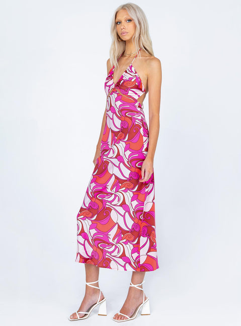 side view of model wearing Princess Polly Tatiana Maxi Dress Pink Multi 
