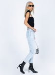 side view of model wearing Princess Polly Organic Cotton Blend Colmar Skinny Leg Denim Jeans Mid Rise 