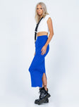   side view of model wearing Princess Polly Averill Maxi Skirt Blue 