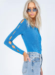 side view of model wearing Princess Polly Gianna Long Sleeve Bodysuit Blue Full Sleeves Scoop Neck 