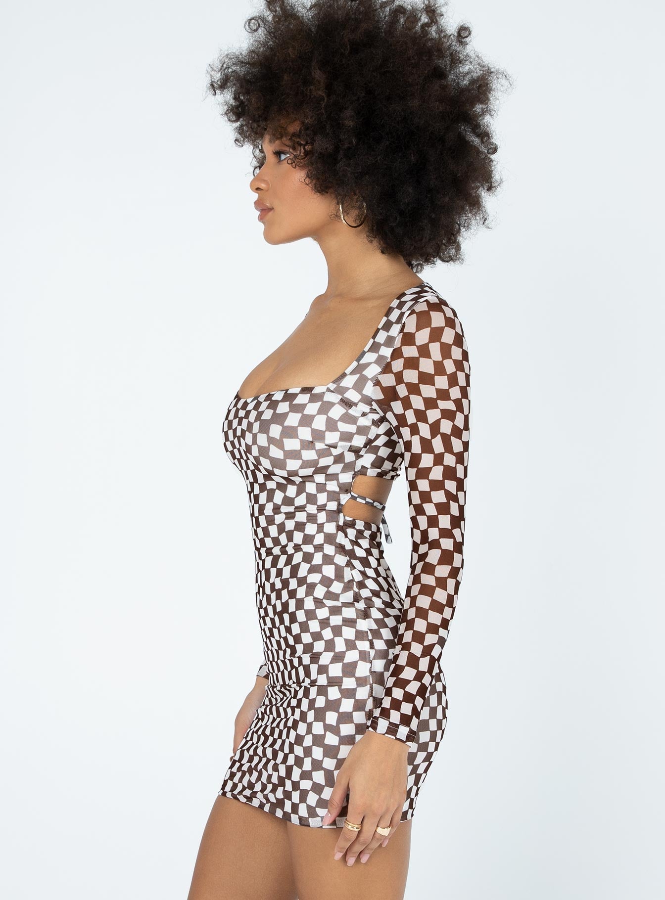 side view of model wearing Princess Polly Marcus Mini Dress Brown / White 