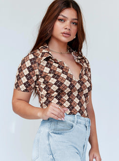 side view of model wearing Princess Polly Motel Rezel Shirt Argyle Brown 