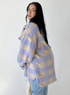 Oversized jacket Check print Button front fastening Classic collar Large chest pocket Scoop step hem Drop shoulder Unlined