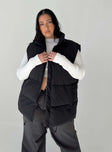 Puffer vest High neck Quilted stitching Zip front fastening  Twin hip pockets Adjustable toggles at hem