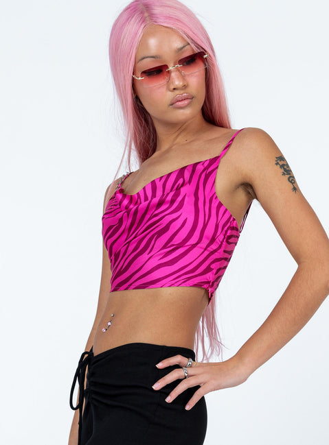 side view of model wearing Princess Polly Gia Top Pink Sleeveless Cowl 