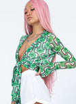 back view of model wearing Princess Polly Rosabella Long Sleeve Top Green Full Sleeves Plunger 