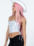 side view of model wearing Princess Polly Norman Top Silver Sleeveless Cowl 