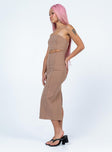 side view of model wearing Princess Polly Archy Midi Dress Beige Square Neck 