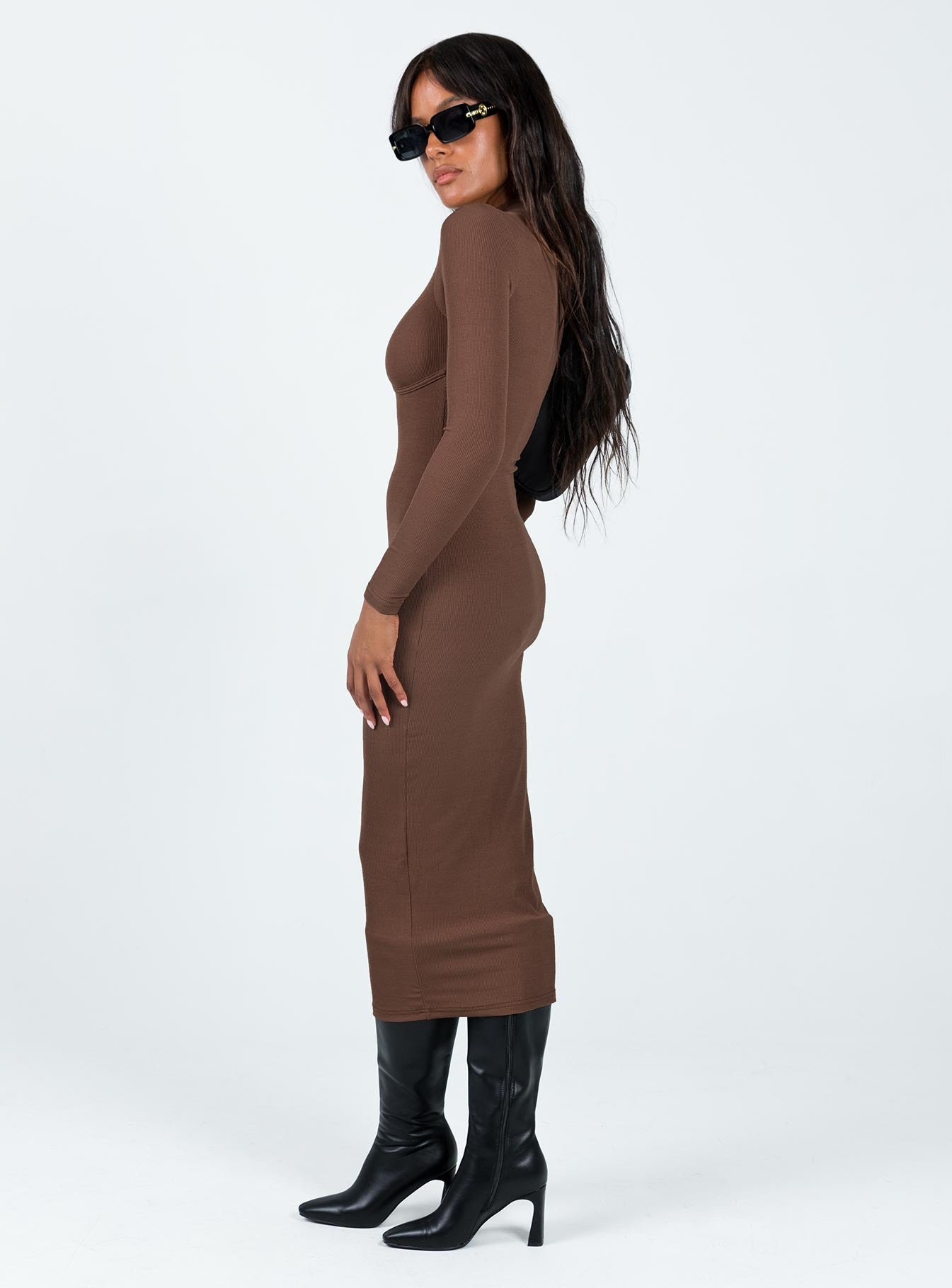 product Princess Polly High Neck  Llandil Long Sleeve Midi Dress Brown
