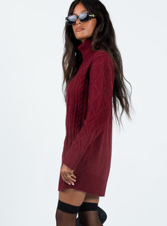 Front view of model wearing  front Princess Polly High Neck  Bonington Sweater Dress Burgundy