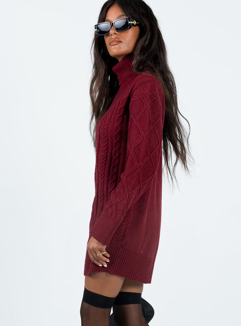 Front view of model wearing  front Princess Polly High Neck  Bonington Sweater Dress Burgundy