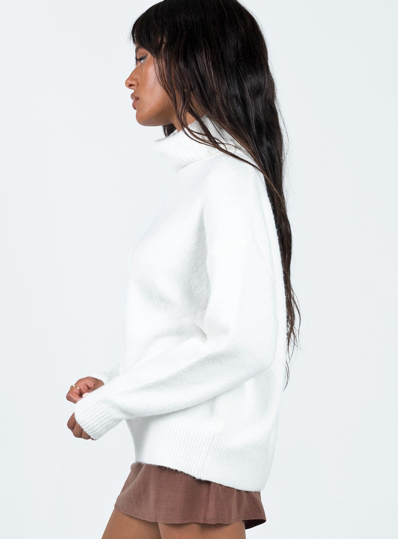 side view of model wearing Princess Polly Oswin Turtleneck Sweater White Long 