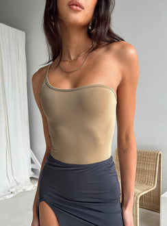 side view of model wearing Princess Polly Hutter Bodysuit Beige Sleeveless Asymmetric Neckline 