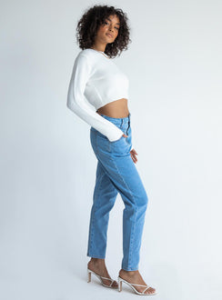 side view of model wearing Princess Polly Leila Yolk Mom Denim Jeans Mid Rise 