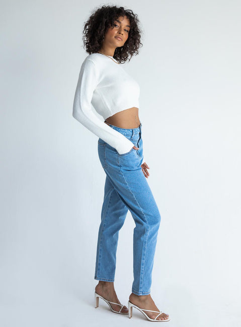 side view of model wearing Princess Polly Leila Yolk Mom Denim Jeans Mid Rise 