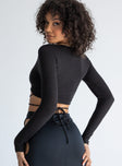 back view of model wearing Princess Polly Despina Long Sleeve Top Black 