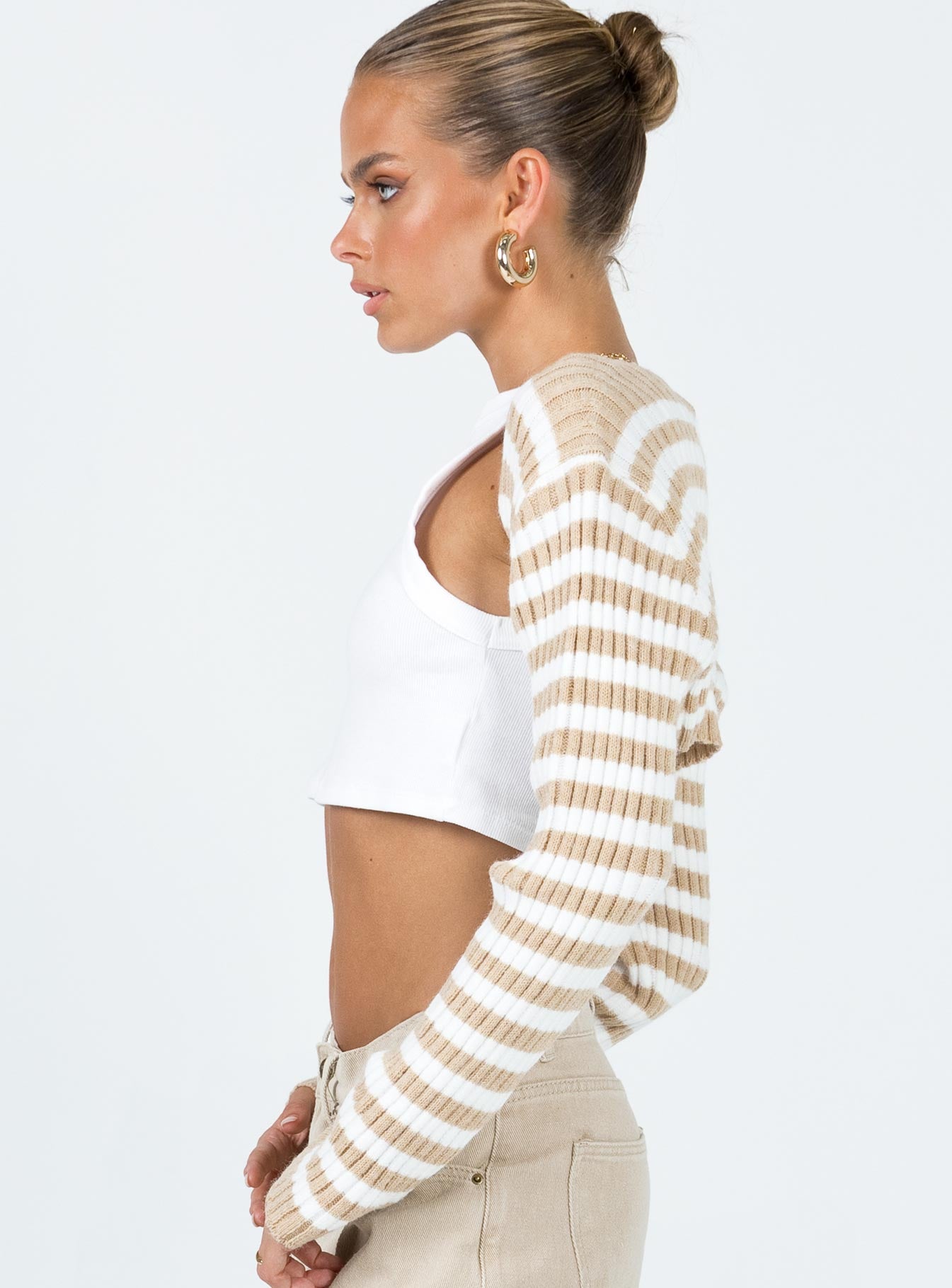 side view of model wearing Princess Polly Aytan Bolero Sweater Beige/White Cropped 