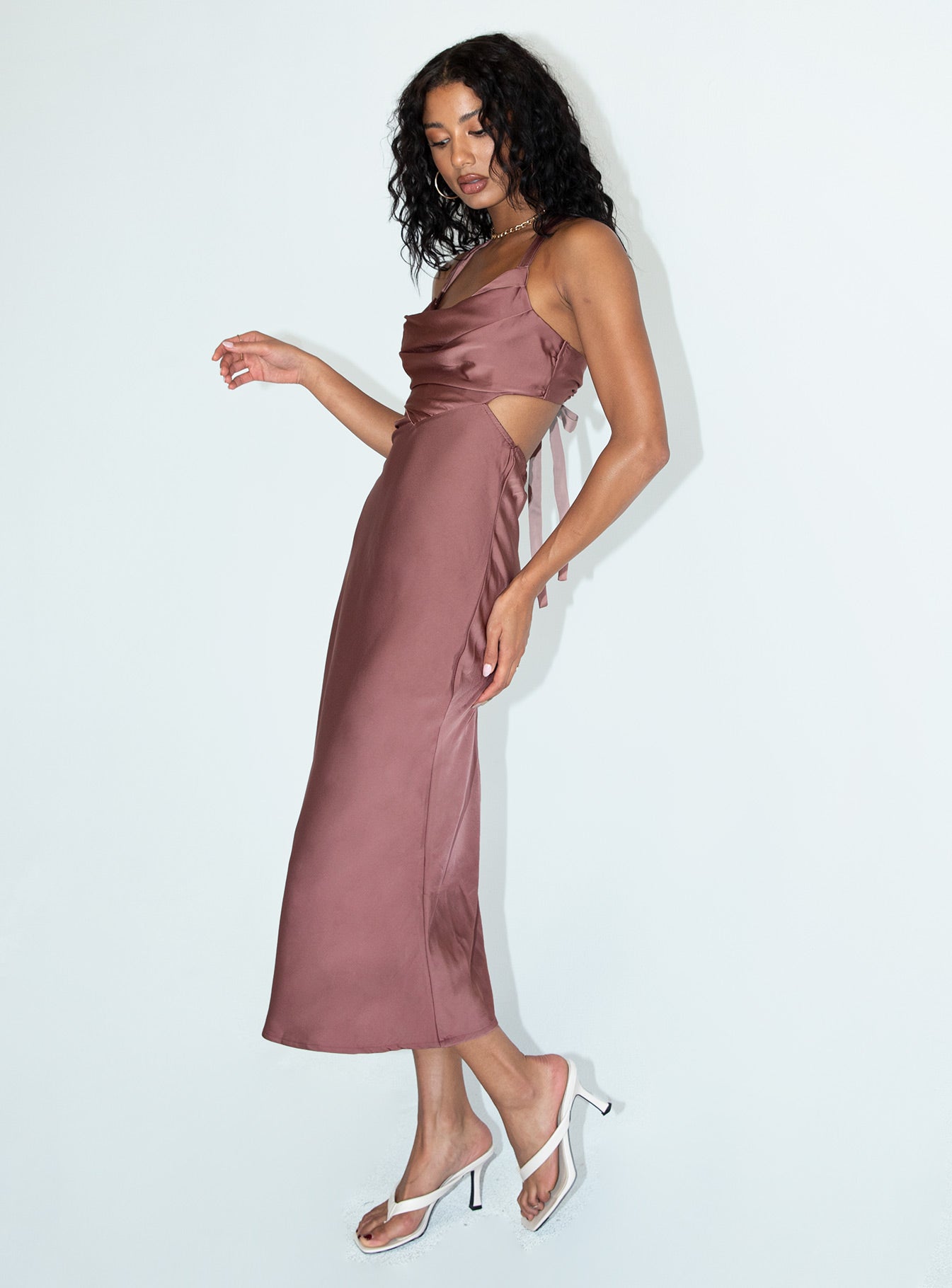 side view of model wearing Princess Polly Kali Maxi Dress Brown 