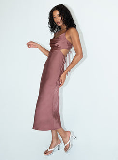 side view of model wearing Princess Polly Kali Maxi Dress Brown 