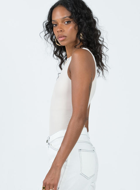 side view of model wearing Princess Polly Fischer Bodysuit Bone Sleeveless High Neck 