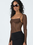 side view of model wearing Princess Polly Buena Bolero Bodysuit Chocolate Full Sleeves Square Neck 