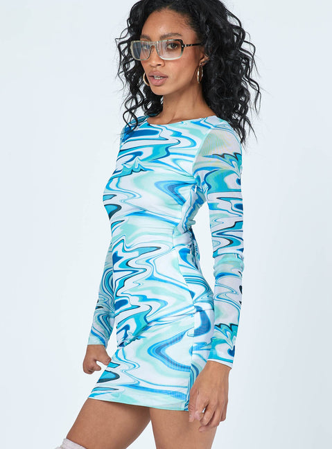 side view of model wearing Princess Polly Beckett Long Sleeve Mini Dress Blue 