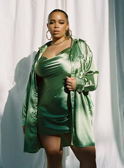 Matching set Silk material  Oversized shirt  Button front fastening  Twin chest pockets  Mini slip dress Cowl neckline  Tie back fastening  Invisible zip fastening at side 