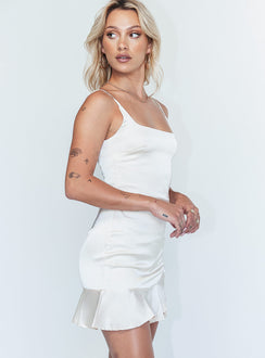 side view of model wearing Princess Polly Kiribati Mini Dress Champagne Satin 