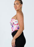 Strapless bustier Floral print Folded neckline Boning through front Zip fastening at back Curved hem 