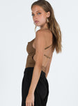 side view of model wearing Princess Polly Stasey Bodysuit Brown Sleeveless Cowl 